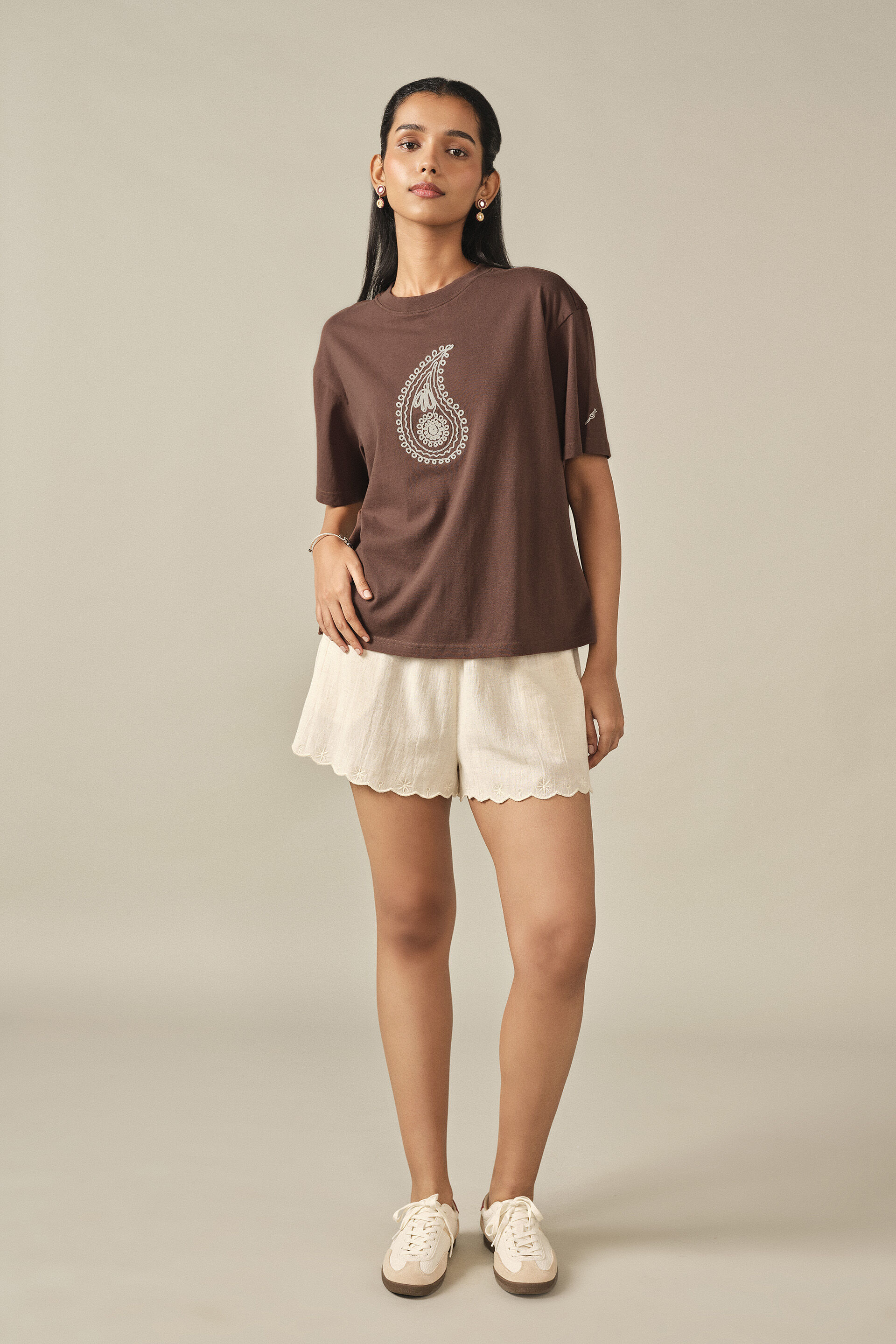 Embroidered Cotton T-shirt in Brown, Brown, image 3